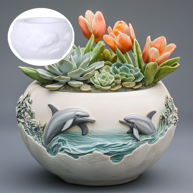 Resin Ocean Wave Mold - Pareja delfín alivio planta suculenta maceta
